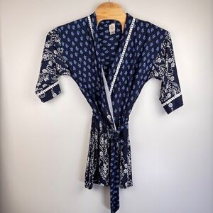 In Bloom Kimono Robe Blue Floral Print Short Sleeve Womens XS/S Bohemian Cottage